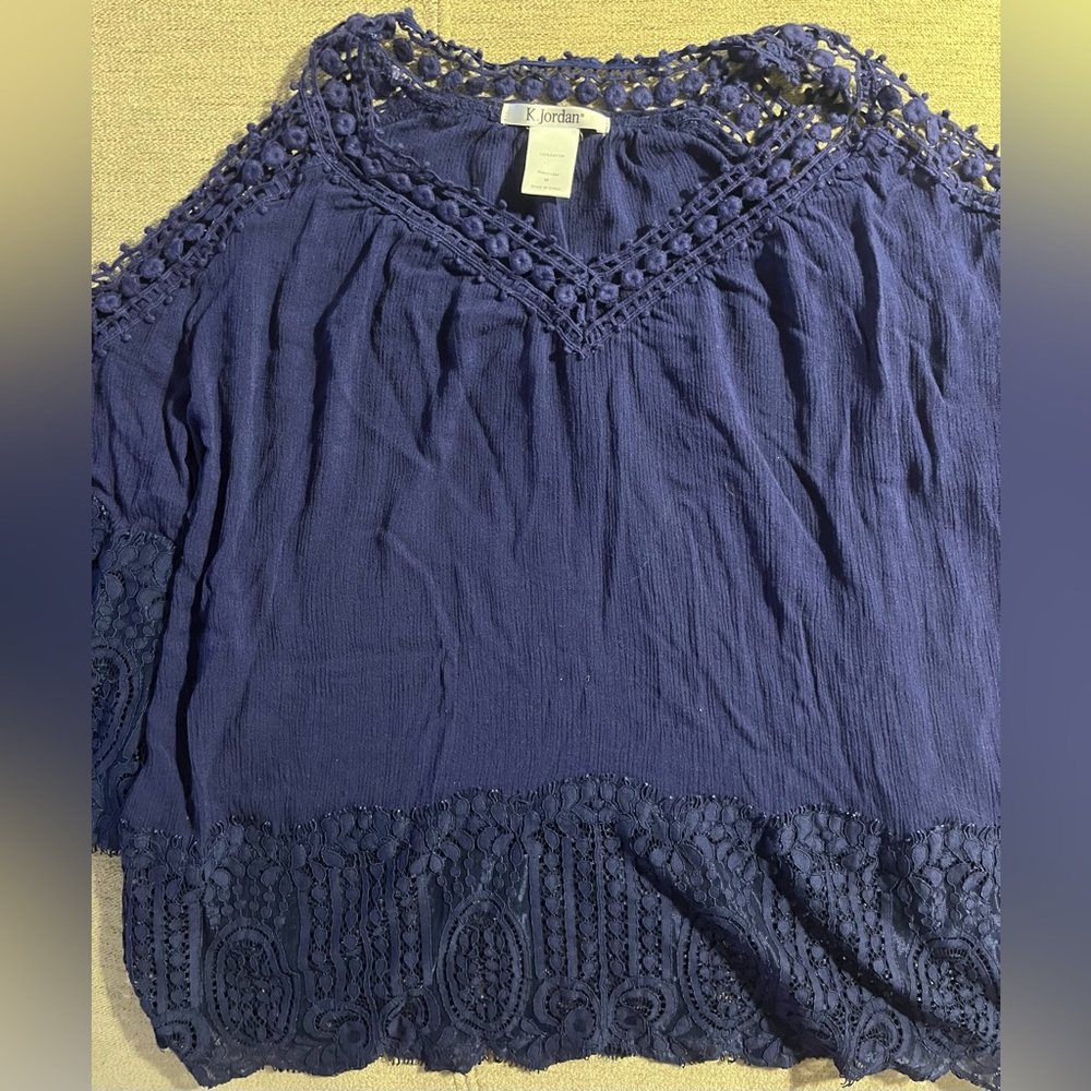 K Jordan Blue Blouse with Elegant Lace Detailing